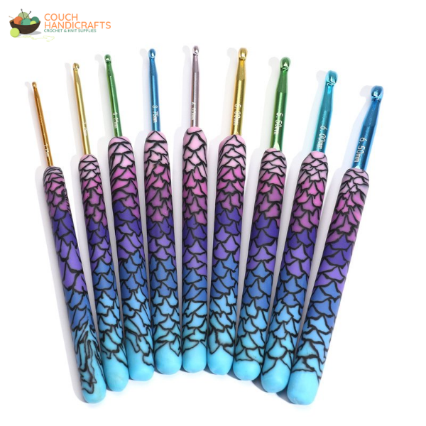 Mermaid Polymer Clay Handle Crochet Hooks Set, Perfect Beginner Kit, Colourful and Ergonomic Handle - Couch Handicrafts