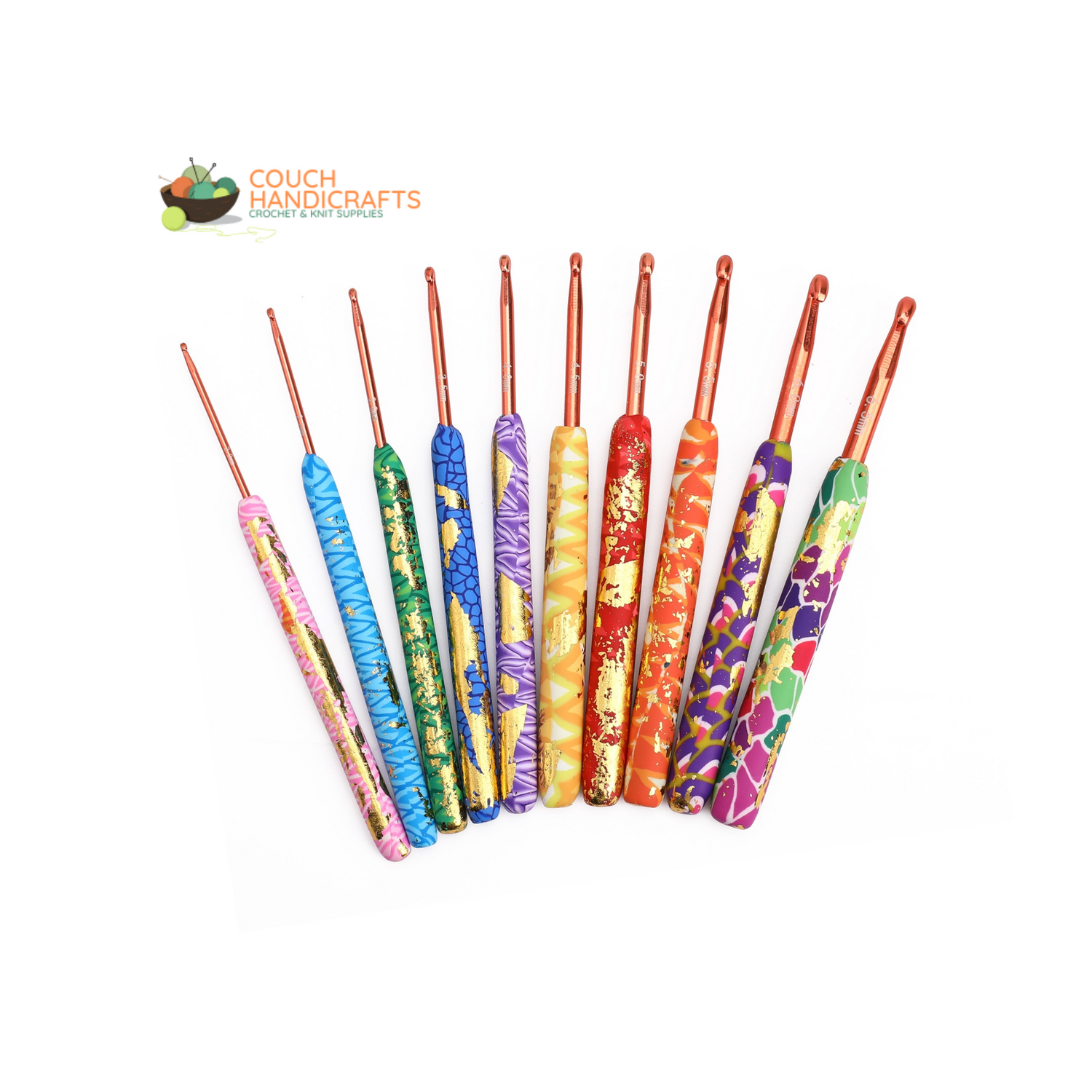 Golden-Glittered Polymer Clay Handle Crochet Hooks Set, Perfect Beginner Kit, Colourful and Ergonomic Handle - Couch Handicrafts