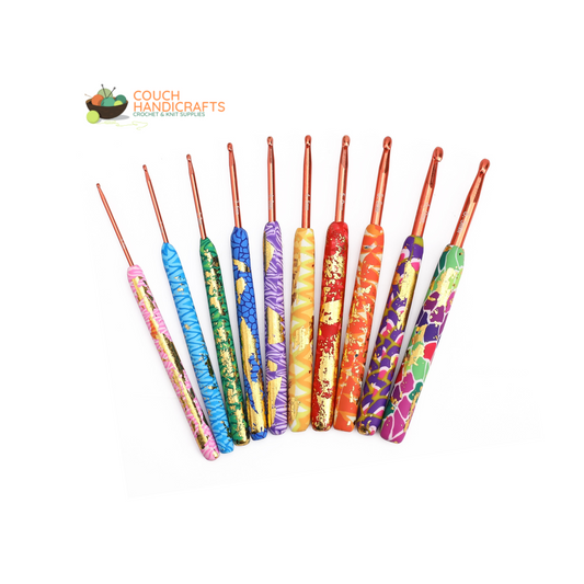 Golden-Glittered Polymer Clay Handle Crochet Hooks Set, Perfect Beginner Kit, Colourful and Ergonomic Handle - Couch Handicrafts
