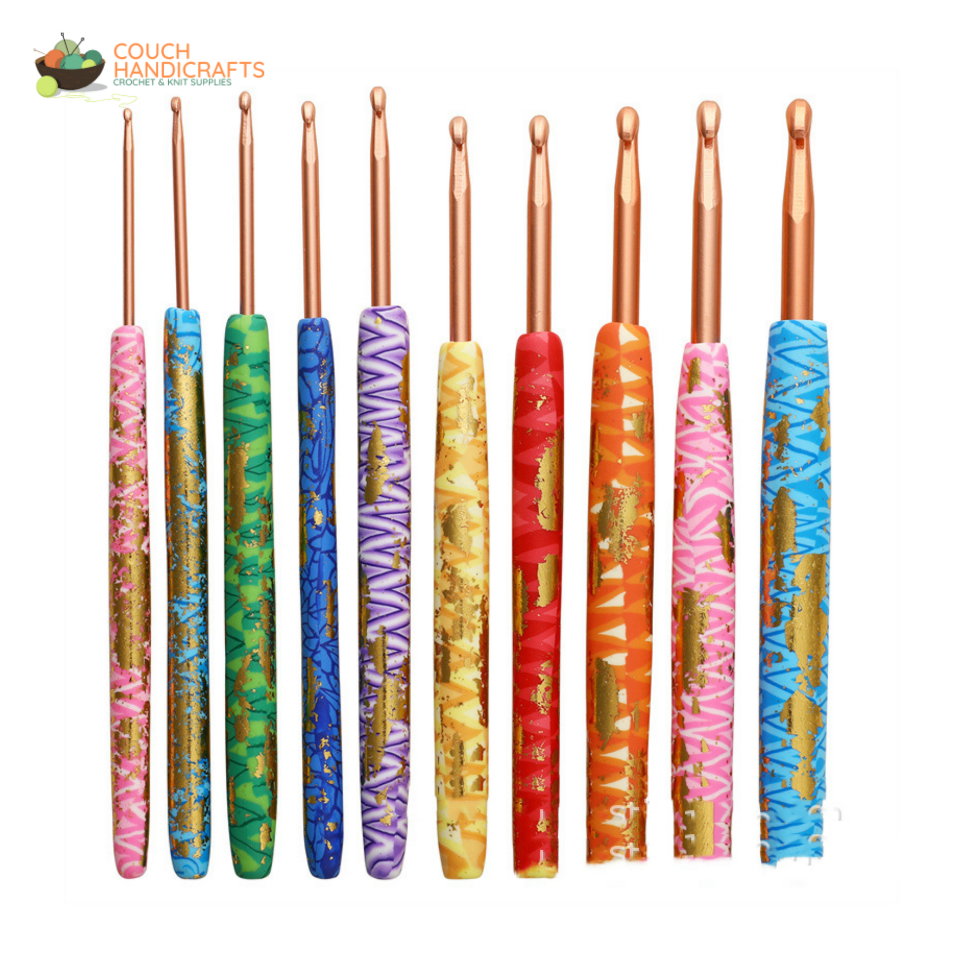 Golden-Glittered Polymer Clay Handle Crochet Hooks Set, Perfect Beginner Kit, Colourful and Ergonomic Handle - Couch Handicrafts