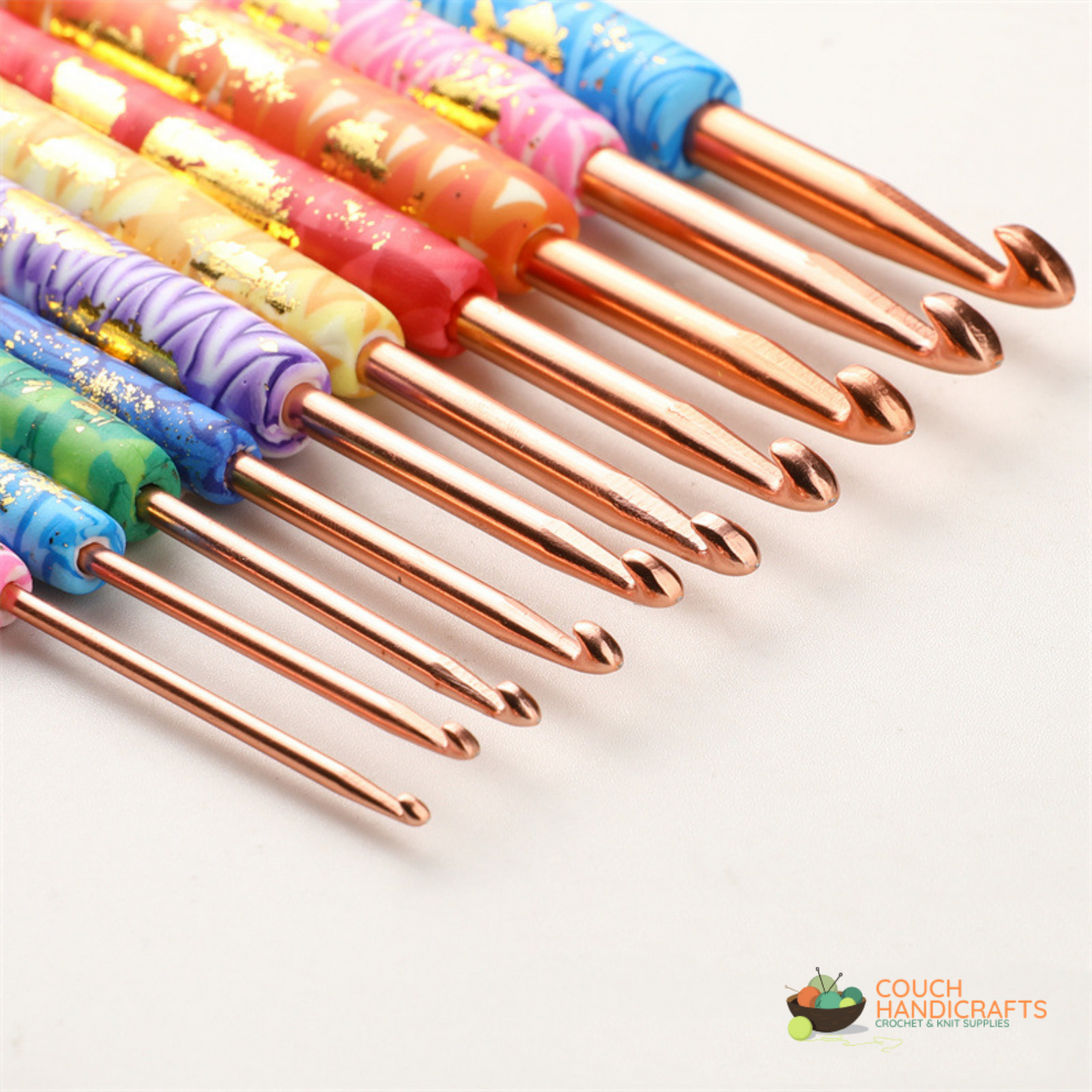 Golden-Glittered Polymer Clay Handle Crochet Hooks Set, Perfect Beginner Kit, Colourful and Ergonomic Handle - Couch Handicrafts