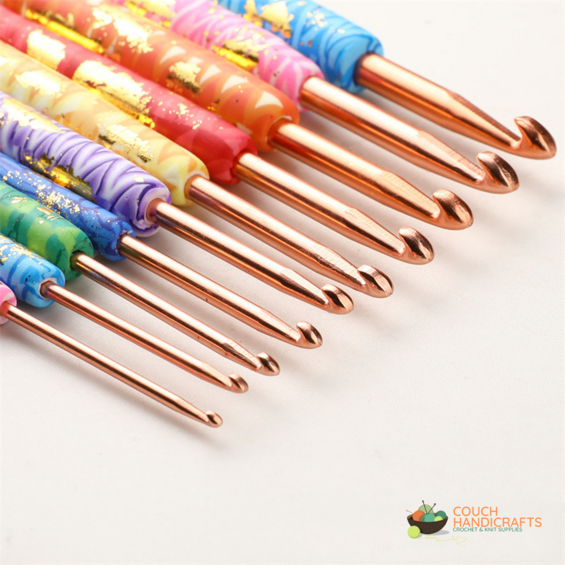 Golden-Glittered Polymer Clay Handle Crochet Hooks Set, Perfect Beginner Kit, Colourful and Ergonomic Handle - Couch Handicrafts