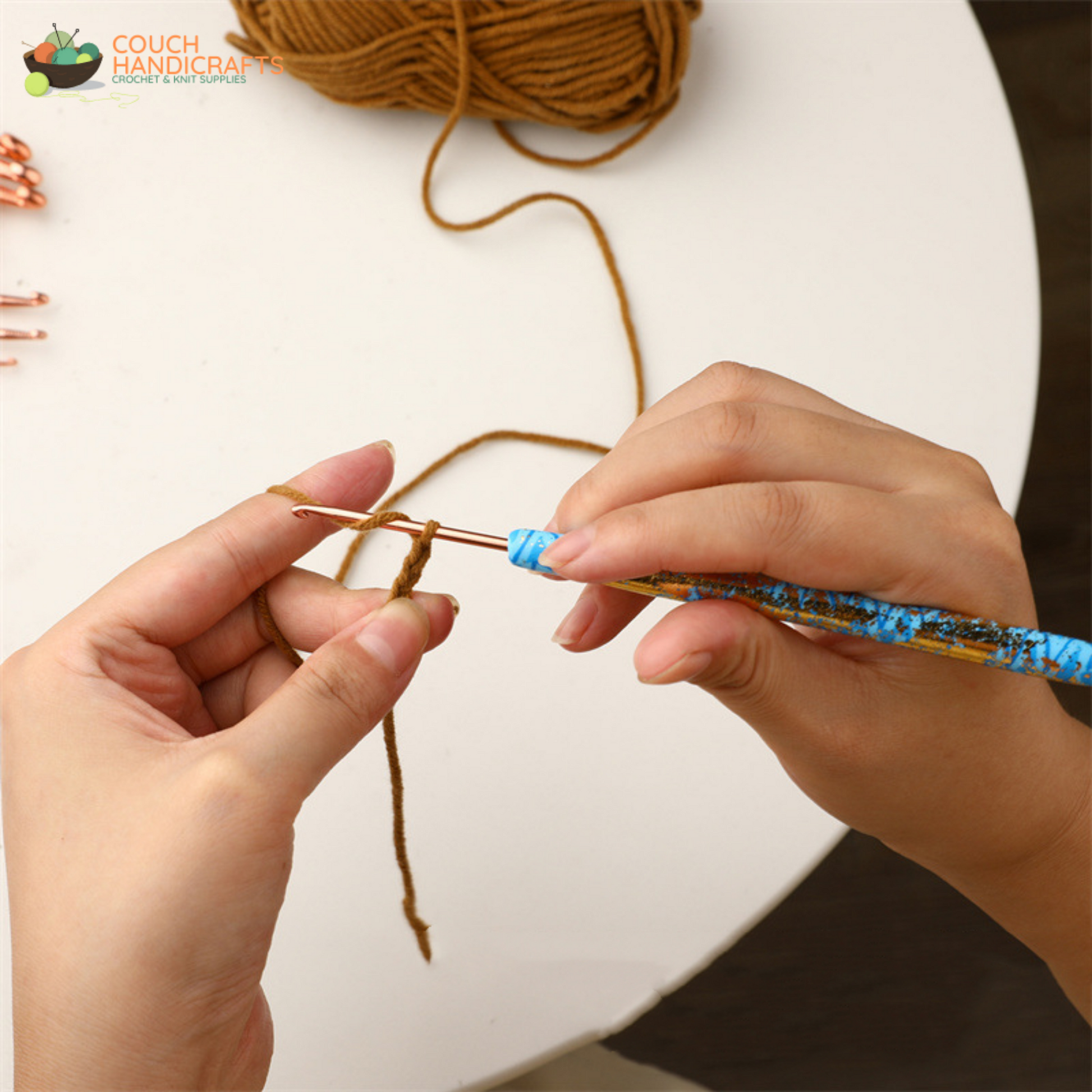 Golden-Glittered Polymer Clay Handle Crochet Hooks Set, Perfect Beginner Kit, Colourful and Ergonomic Handle - Couch Handicrafts