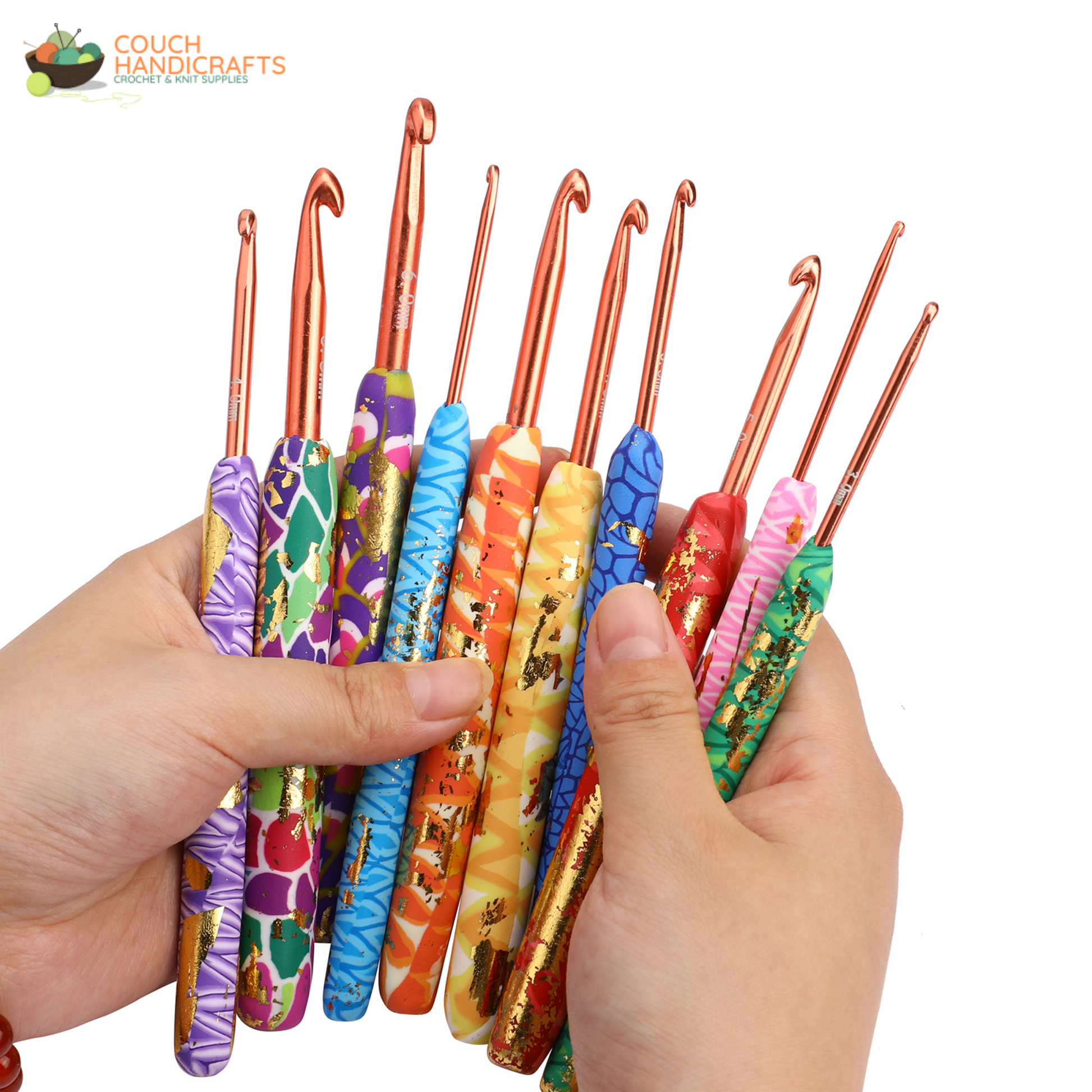 Golden-Glittered Polymer Clay Handle Crochet Hooks Set, Perfect Beginner Kit, Colourful and Ergonomic Handle - Couch Handicrafts