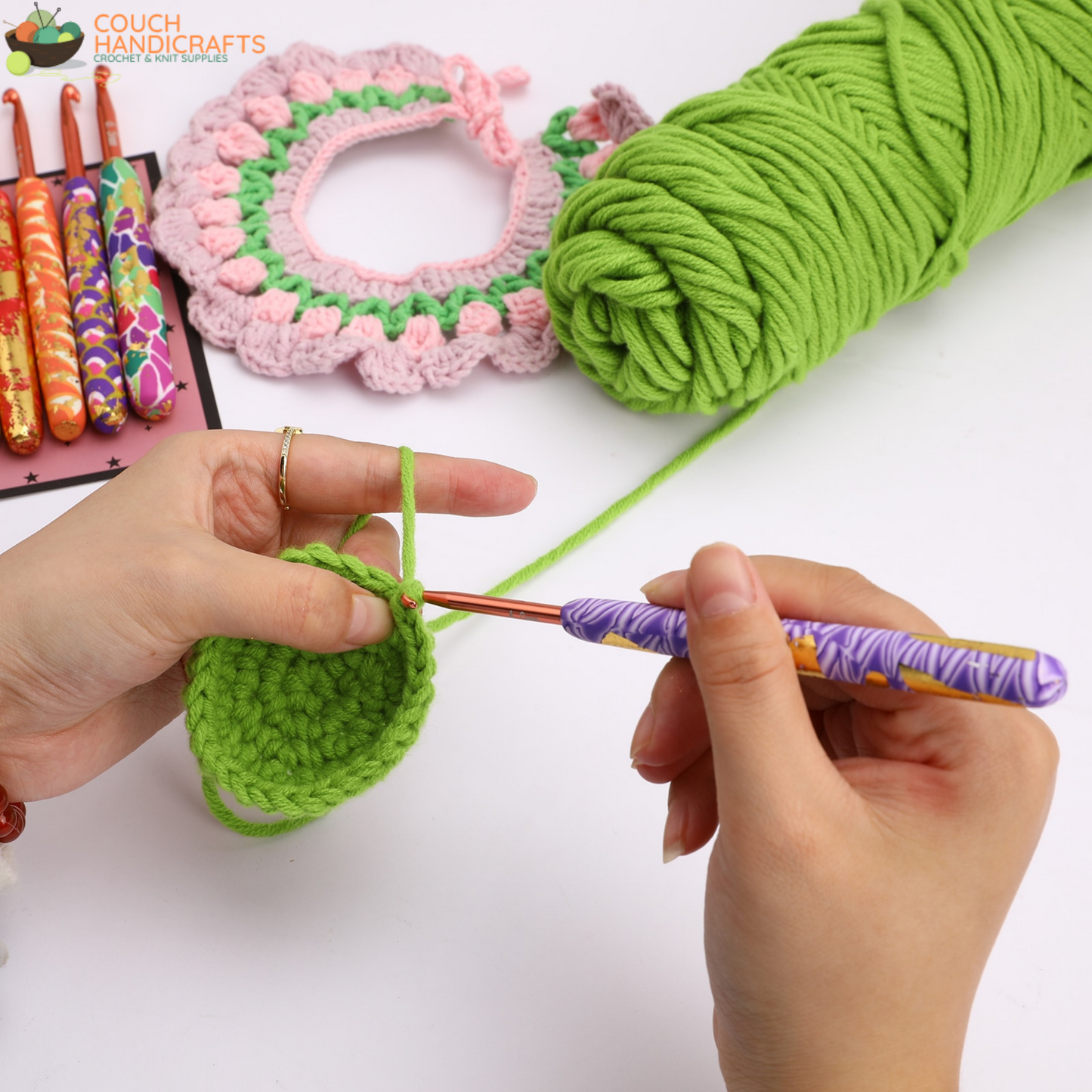 Golden-Glittered Polymer Clay Handle Crochet Hooks Set, Perfect Beginner Kit, Colourful and Ergonomic Handle - Couch Handicrafts